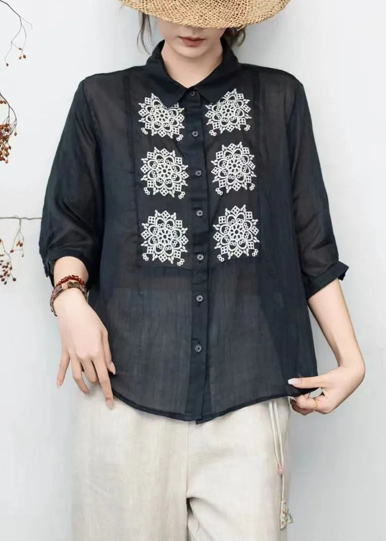 Loose Orange Peter Pan Collar Embroidered Linen Tops Summer