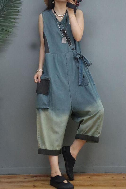 Denim Color Patchwork Patchwork Cinched Sleeveless Jumpsuits Dungarees