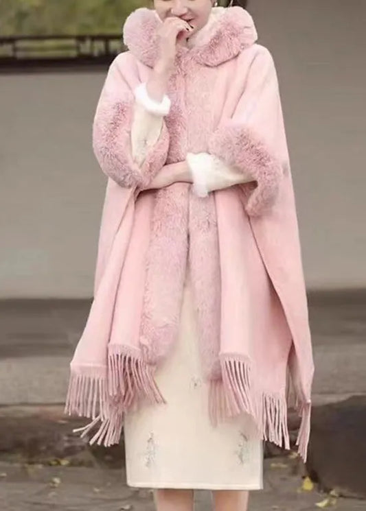 Pink Fur Collar Tassel Hooded Woolen Coat Fall