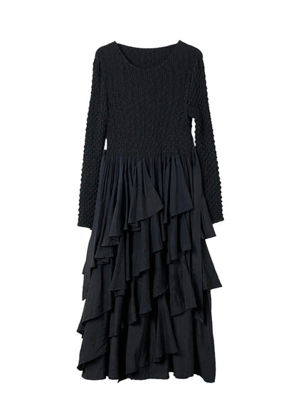 Black O Neck Ruffled Patchwork Cotton Dresses Spring