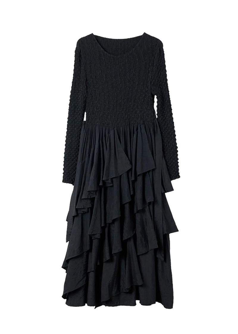 Black O Neck Ruffled Patchwork Cotton Dresses Spring