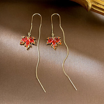 Copper Maple Leaf Zircon Necklace Pendant Ring Earrings for Luck