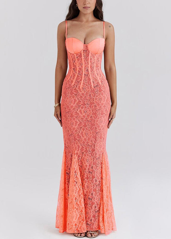 New Orange Backless Lace Slim Fit Spaghetti Strap Dress Summer