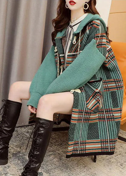 Simple Green Plaid Pockets Cozy Fall Knit Sweater Coat