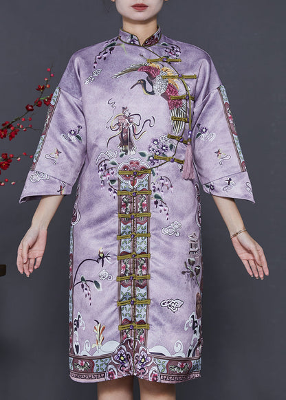 Purple Tasseled Print Silk Cheongsam Dresses Summer