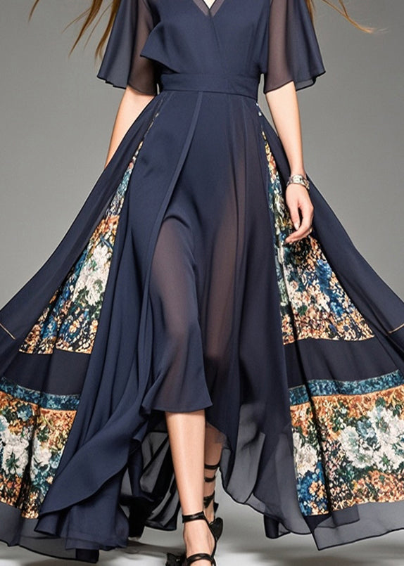 Black Patchwork Print Chiffon Long Dresses Cinched Summer
