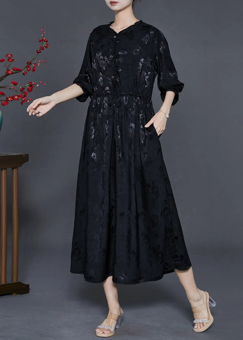 Black Cinched Print Exra Large Hem Silk Dress Fall