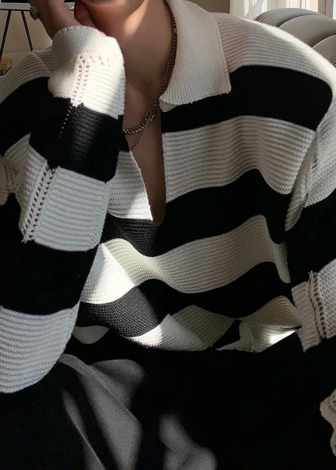 Stylish Striped Peter Pan Collar Hollow Out Knit Sweaters Fall