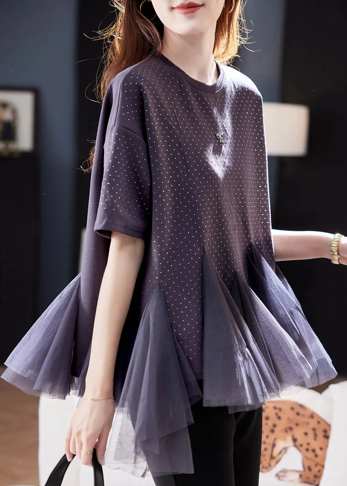 Grey O-neck Tulle Patchwork Zirco Knit T Shirt Short Sleeve