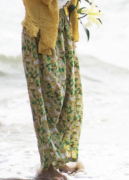 Green Print Tie Waist Linen Wide Leg Pants Summer