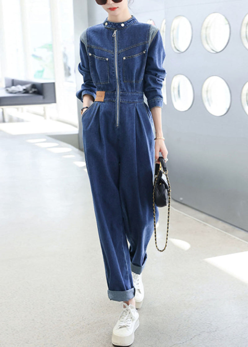 Natural Dark Blue O-neck Patchwork Flattering Denim Jumpsuit Fall