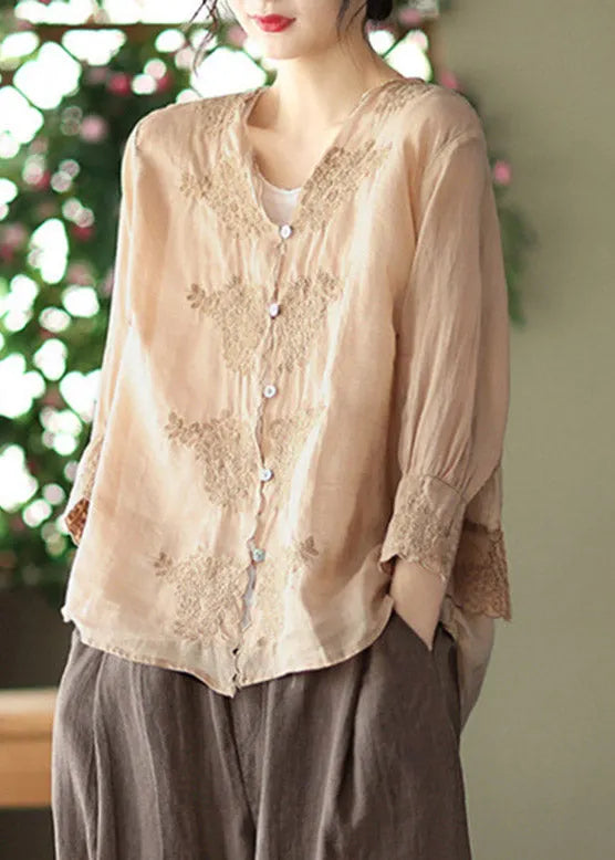 Khaki V Neck Embroidered Linen Shirt Long Sleeve