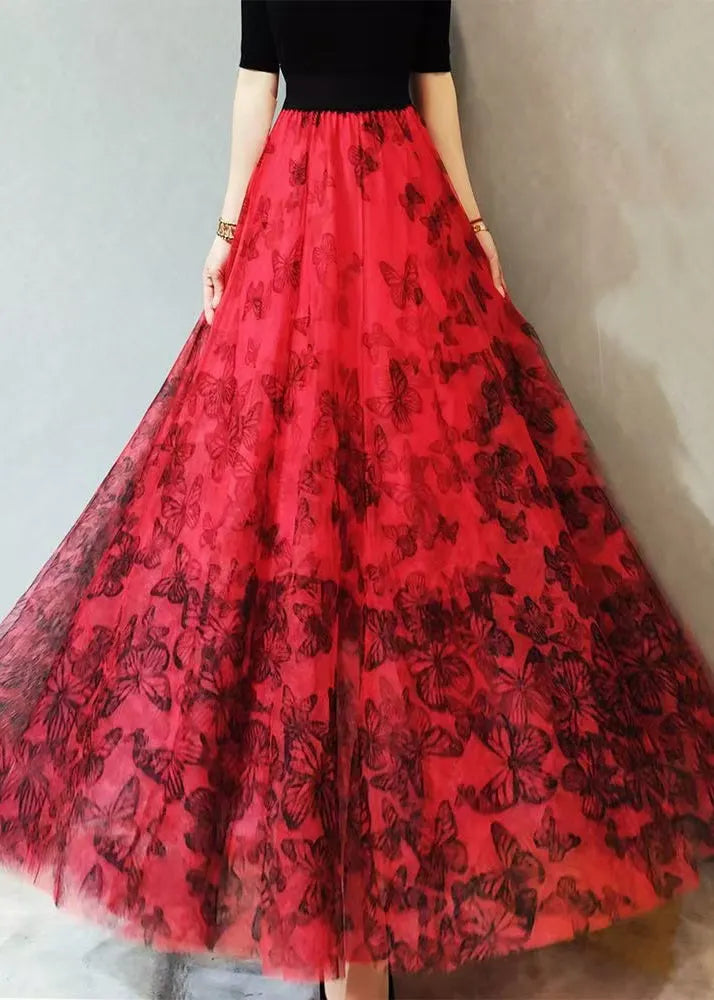Loose Red Butterfly Elastic Waist Tulle Skirts Summer