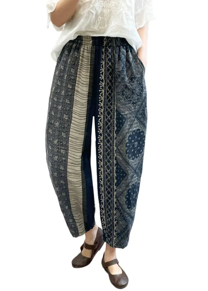 Black Oversized Print Linen Harem Pants Spring