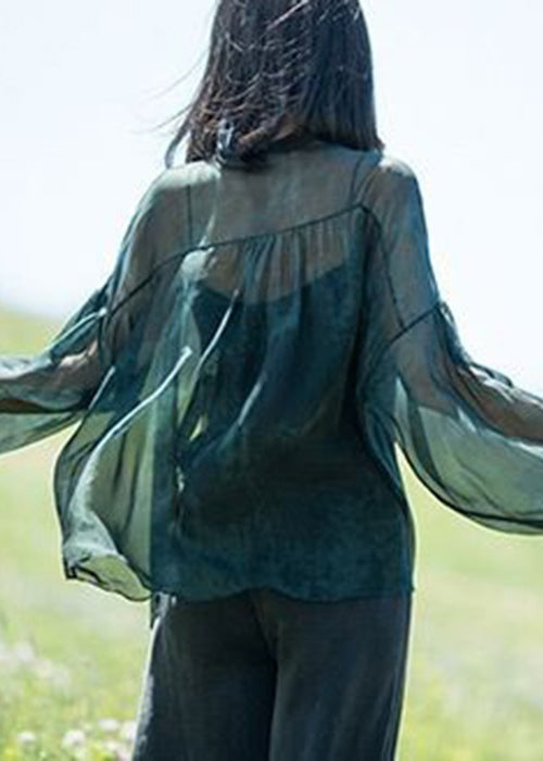 Loose Blackish Green Button Thin Silk Blouses Spring