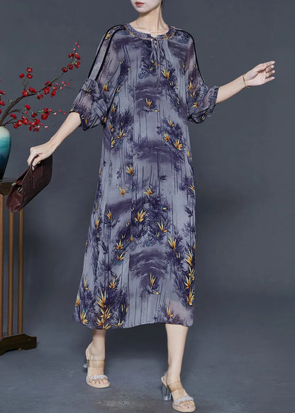 French Purple O-neck Print Chiffon Dresses Bracelet Sleeve