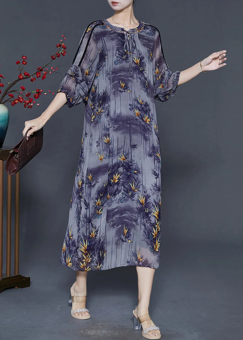 French Purple O-neck Print Chiffon Dresses Bracelet Sleeve