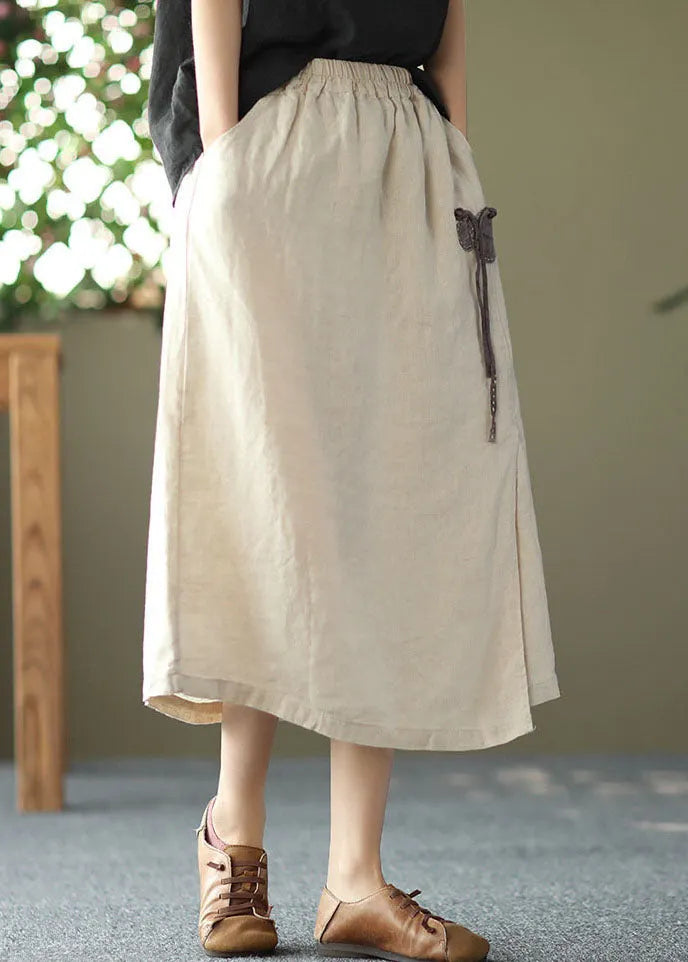 Linen Color Pockets Linen Skirts Side Open Oriental Button Summer
