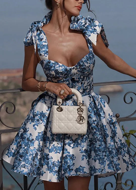New Blue Print Wrinkled Lace Up Dress Summer