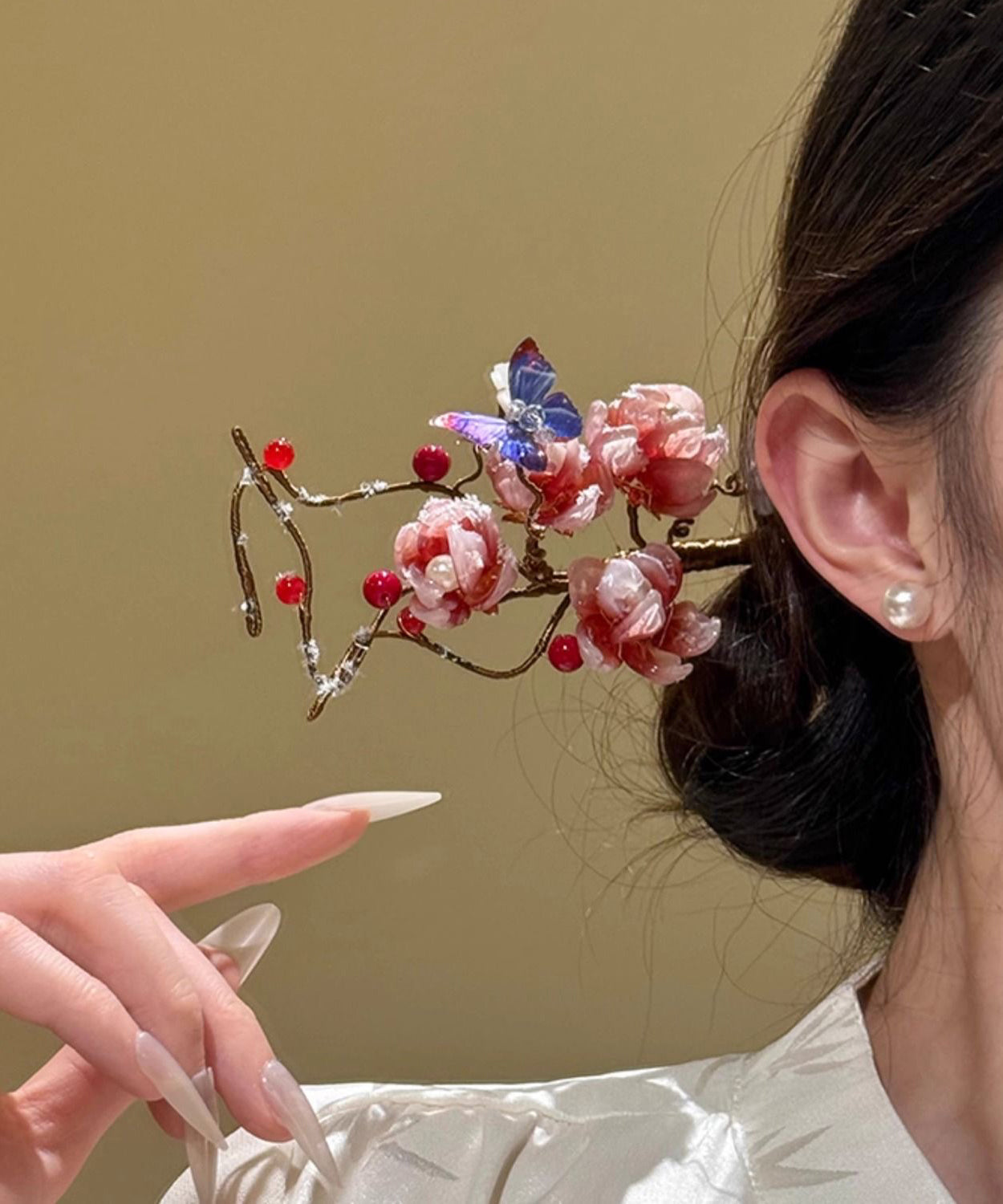 Chinese Style Pink Alloy Coloured Glaze Plum Blossom a Hairpin