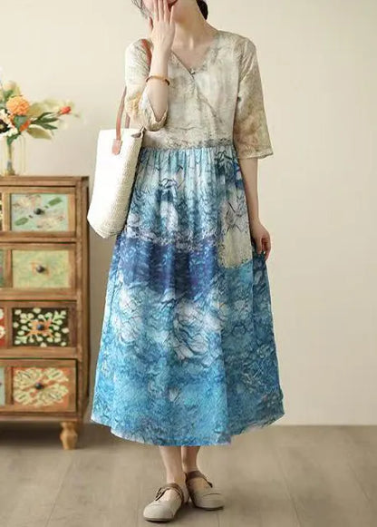 Blue Print Patchwork Tunic Dresses Summer