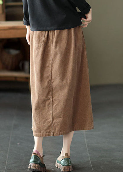 Khaki Elastic Waist Button Pockets Corduroy Skirts Spring