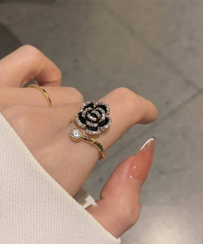 Black Alloy Zircon Camellia Rings