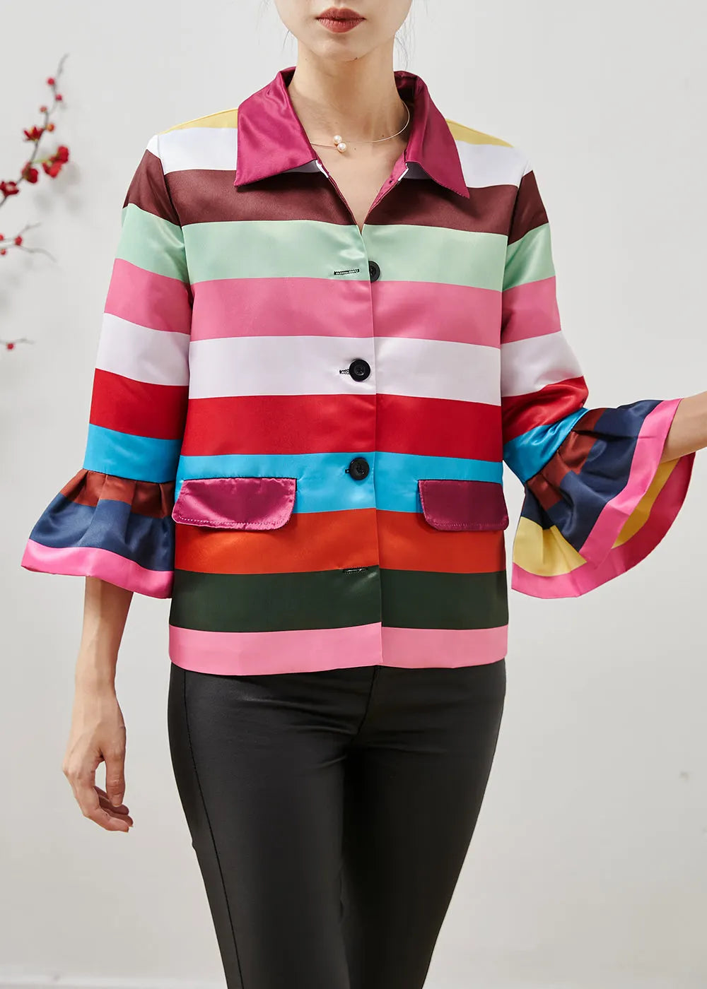 Unique Multicolor Patchwork Spandex Shirts Flare Sleeve