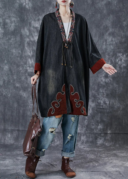 Black Embroidered Patchwork Denim Coats Spring