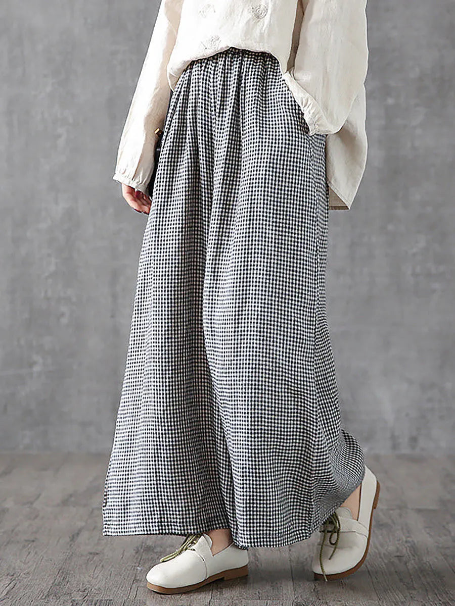 Hand-made Plaid Linen Wide Leg Pants