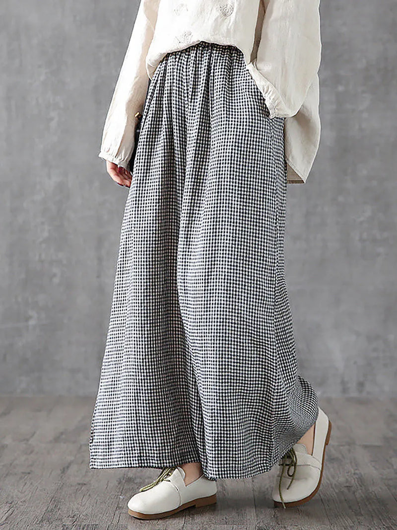 Hand-made Plaid Linen Wide Leg Pants