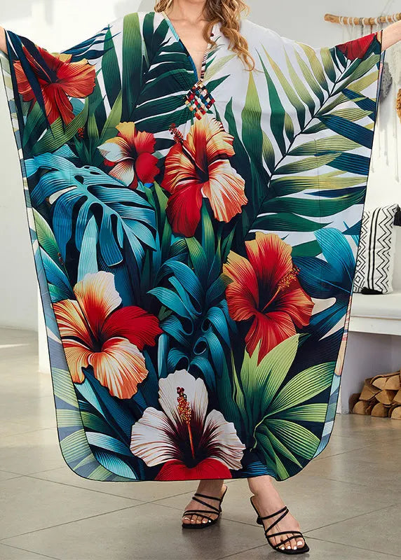 V Neck Print Side Open Cotton Dress Summer