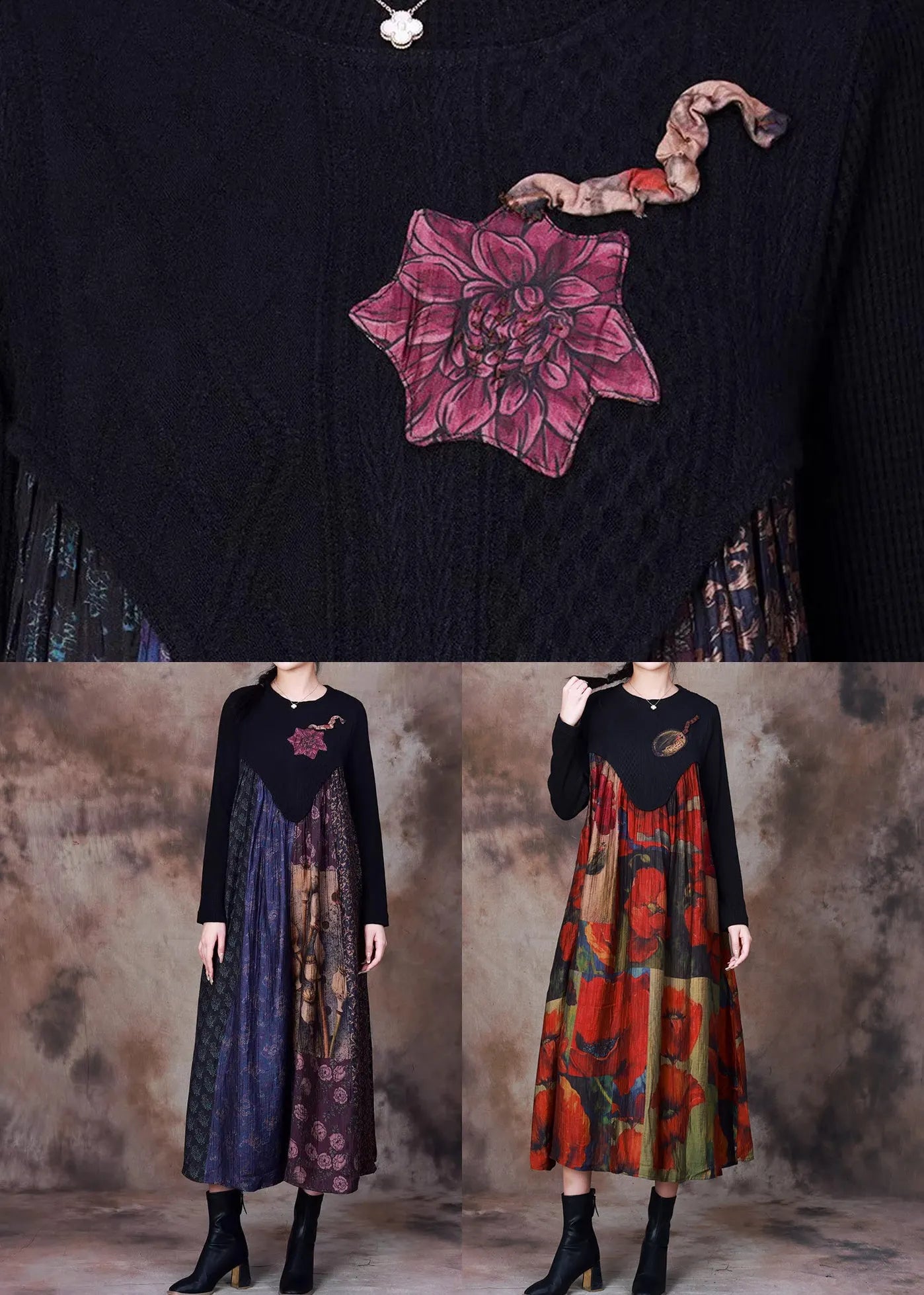Blue Print Knit Patchwork Long Dress Winter