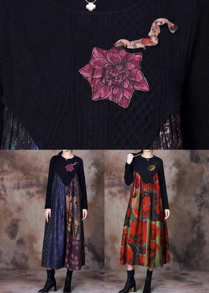 Blue Print Knit Patchwork Long Dress Winter