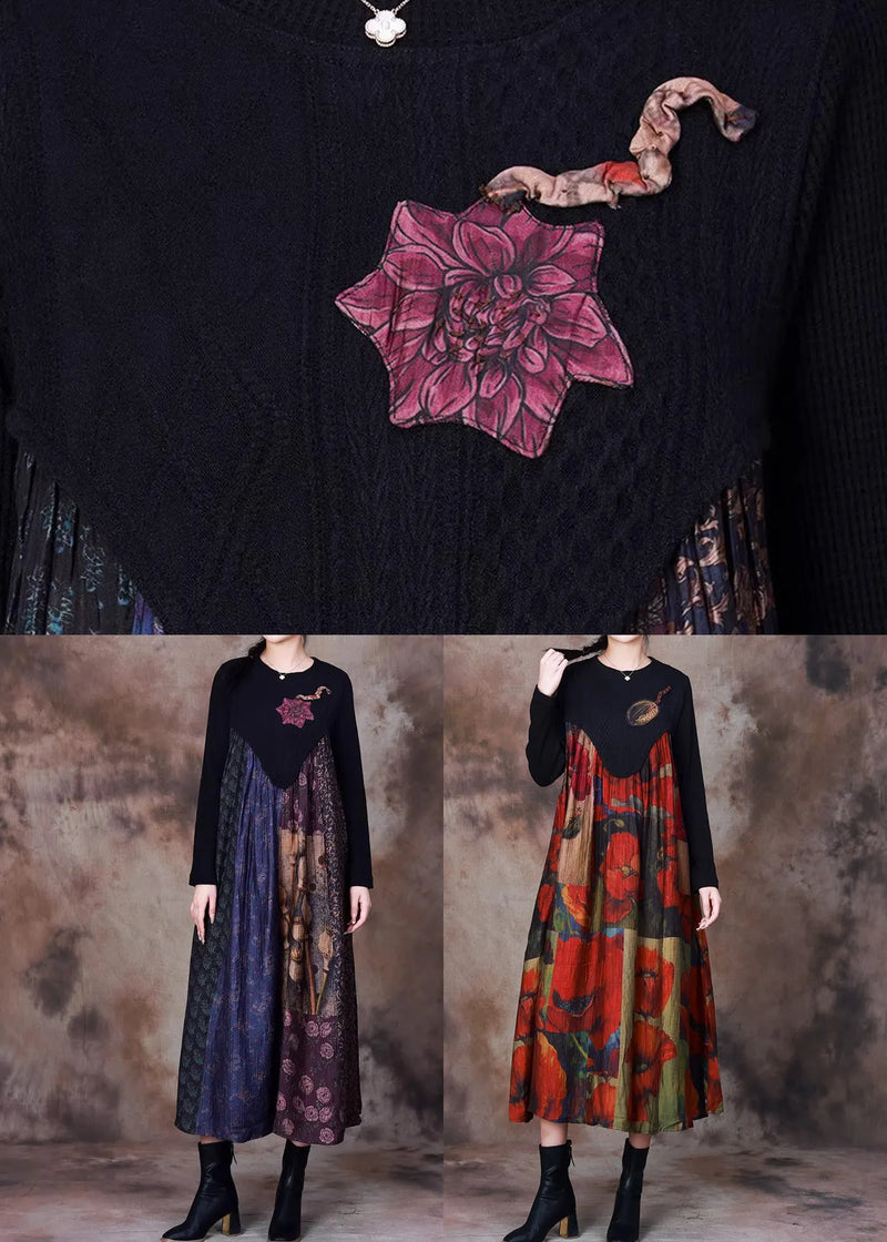 Blue Print Knit Patchwork Long Dress Winter