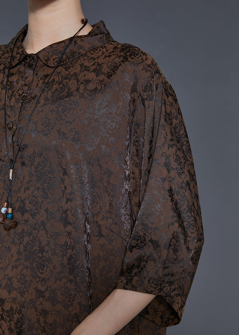 Chocolate Jacquard Silk Maxi Dresses Bracelet Sleeve