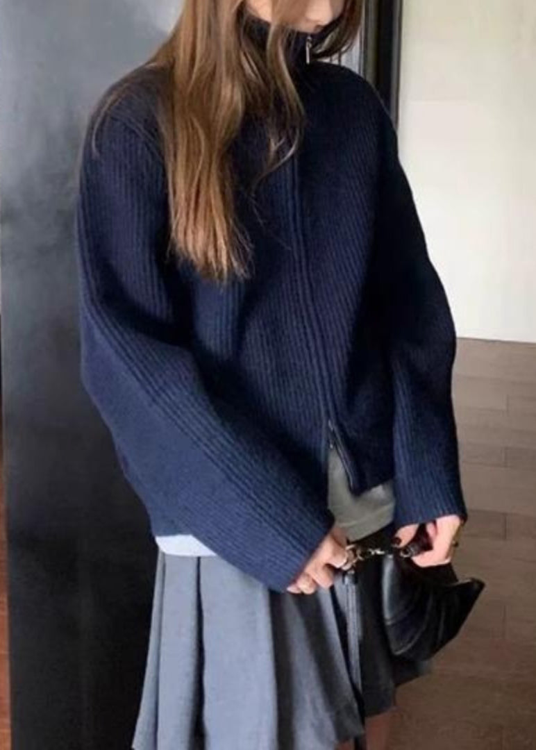 Grey Zippered Cotton Coat Turtleneck Spring