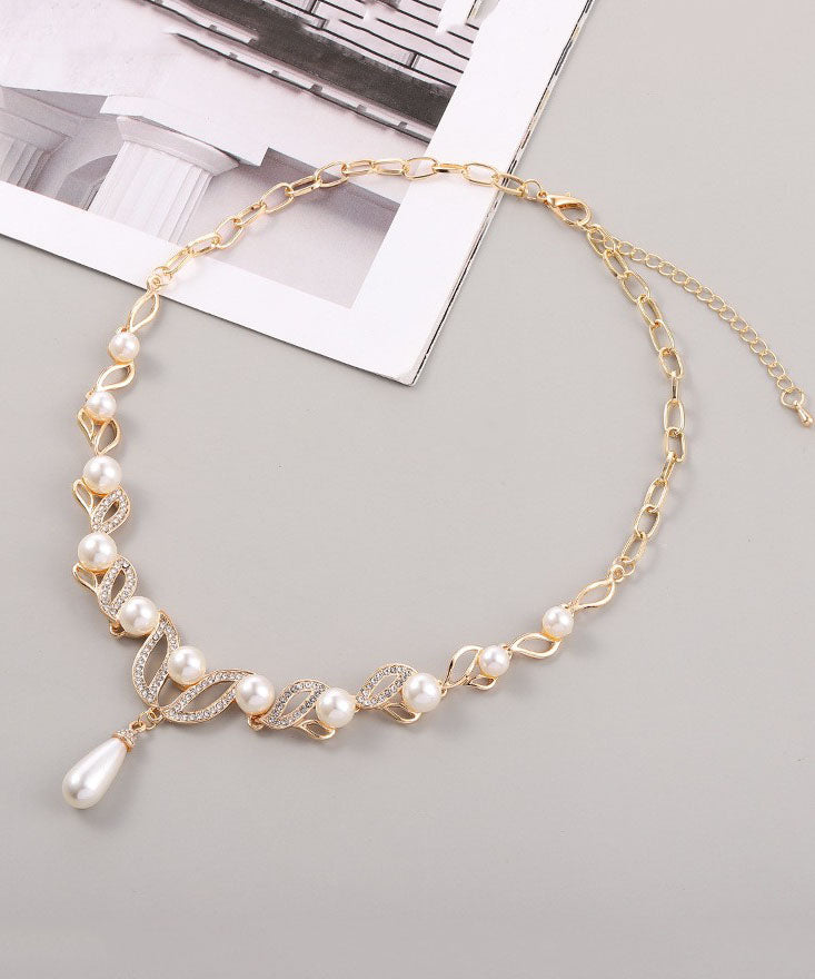 Gold Alloy Pearl Zircon Pendant Necklace