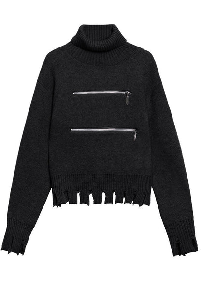 Black Zippered Tasseled Fall Sweater