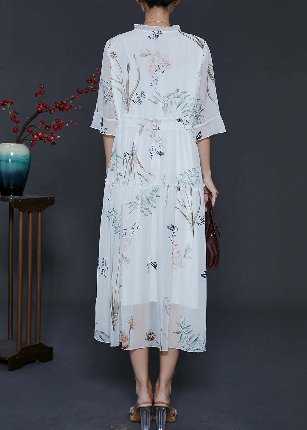 White Ruffled Print Chiffon Cinched Dresses Summer