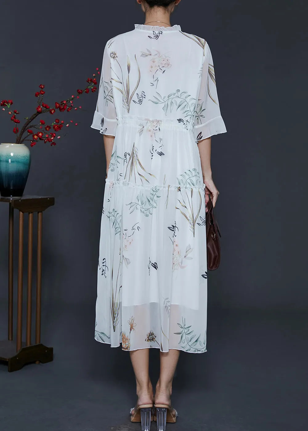 White Ruffled Print Chiffon Cinched Dresses Summer