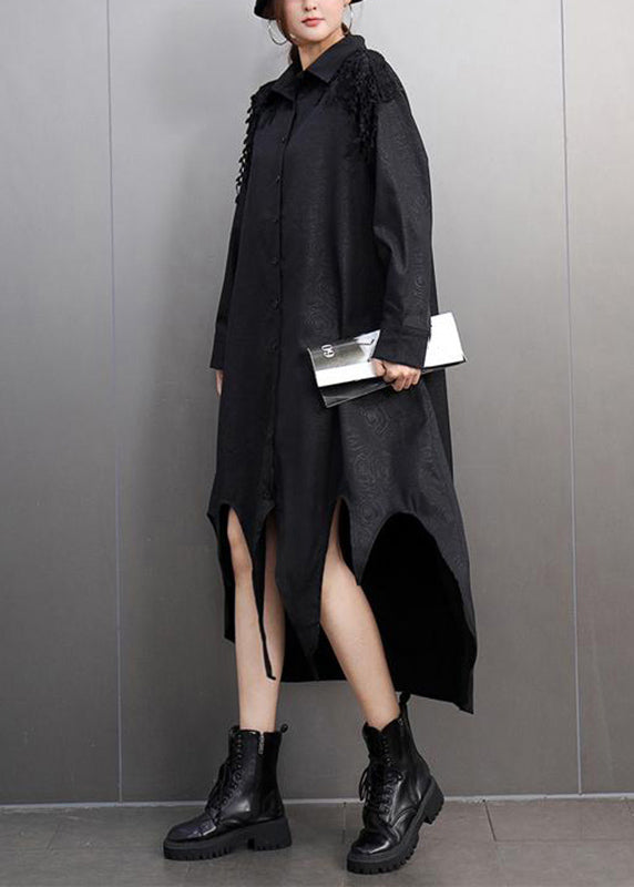 Black Peter Pan Collar Asymmetrical Lace Patchwork Long Shirts Dress Spring