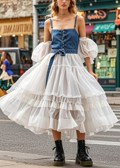Cold Shoulder Patchwork Denim Tulle Maxi Dresses Puff Sleeve
