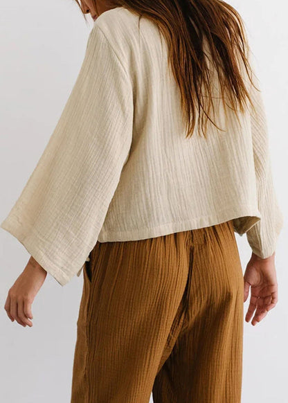 European and American Style Apricot V Neck Lace Up Cotton Top Spring