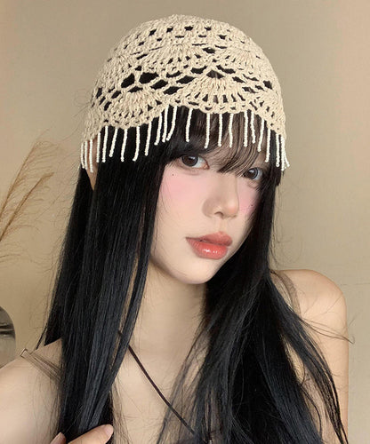 Beige Tassel Hollow Out Knit Boonie Hat