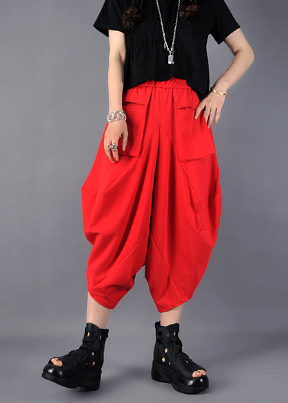 Red Oversized Pockets Cotton Harem Pants Spring