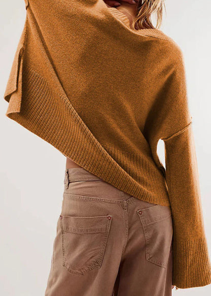 Brown O Neck Knit Short Sweaters Flare Sleeve