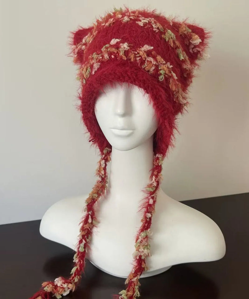Japanese Style Red Knitted Warm Ear Protection Hat