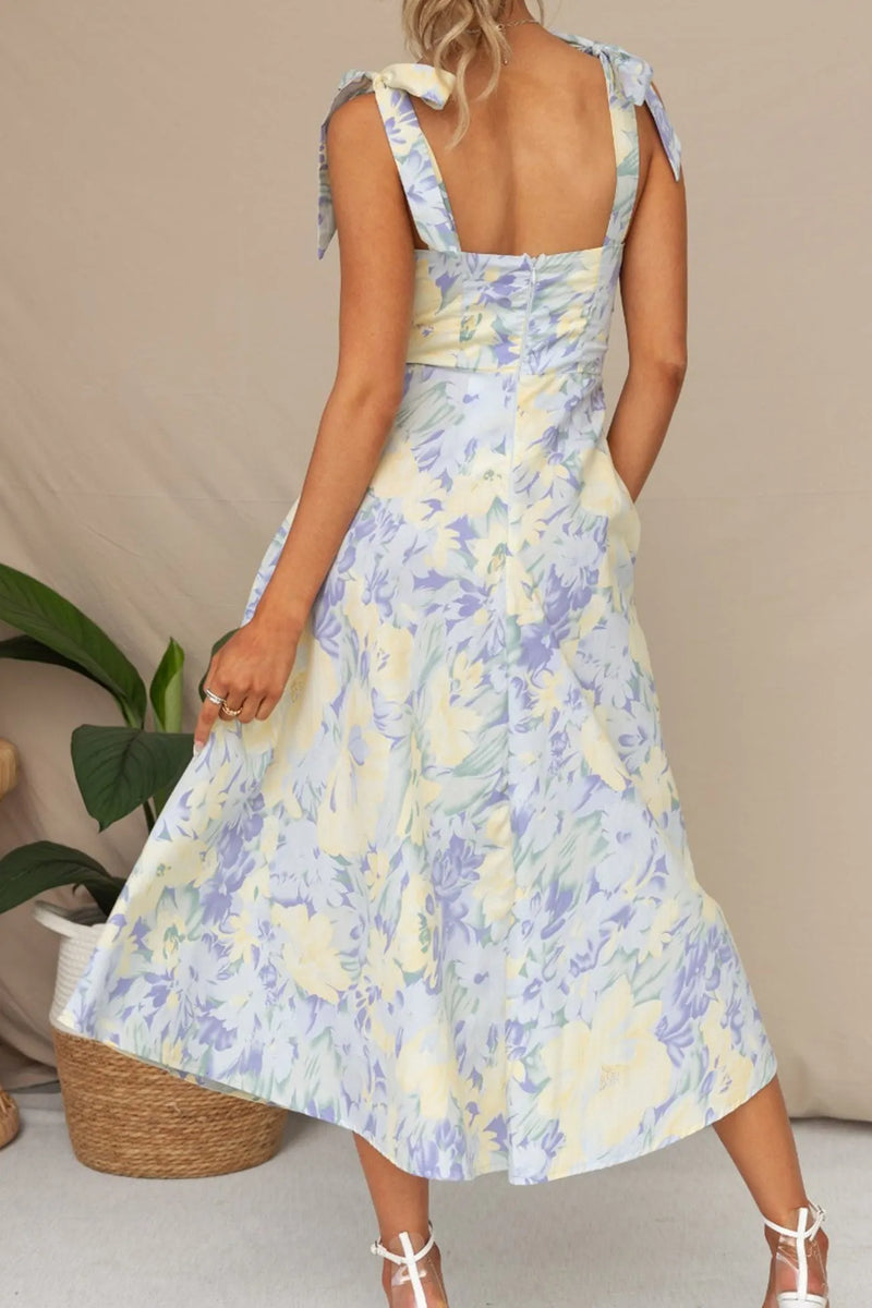 Print Tie-straps Waisted Midi Dress