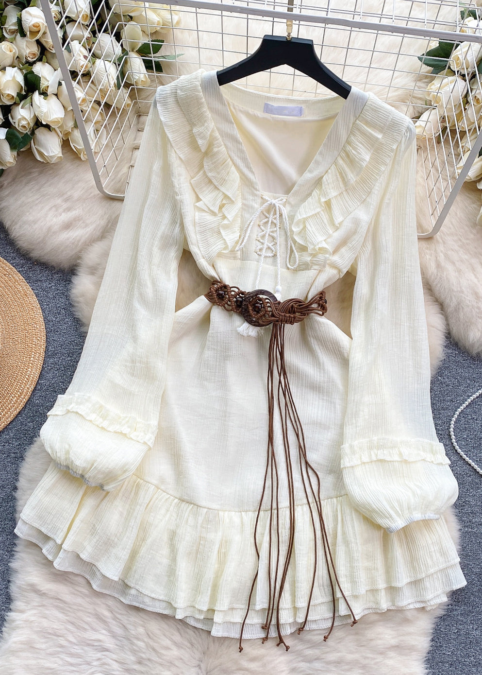 White Ruffled Lace Up Cotton Mid Dress Long Sleeve